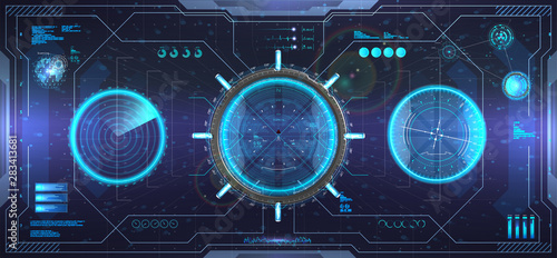 Head-up display design interface. HUD Virtual reality cockpit helmet. View from the sci-fi helmet. Futuristic user interface GUI, HUD. View from the cockpit spaceship. Full Color Vector illustration