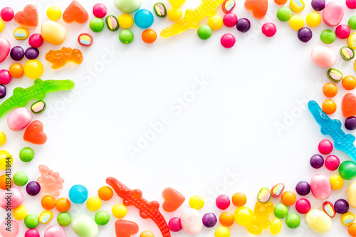 Candy dots and fruit jelly frame for blog design on white background top view mockup