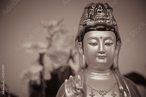 Canvas Print Statue of Kwan Yin ou Guan Yin Buddha in Sepia style, Goddess of Mercy and Compa
