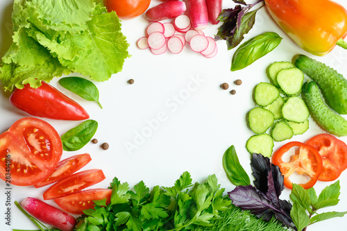 Chopped vegetables for salad. Frame. Top view