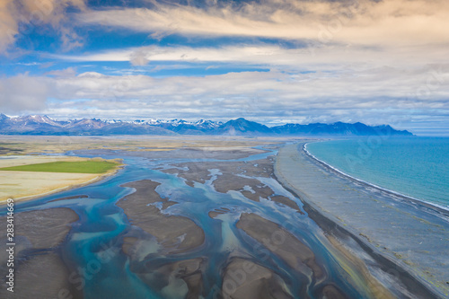 Aerial view South-Eastern Iceland. Overwhelming view of Icelandic river landscape of amazing Northern nature.