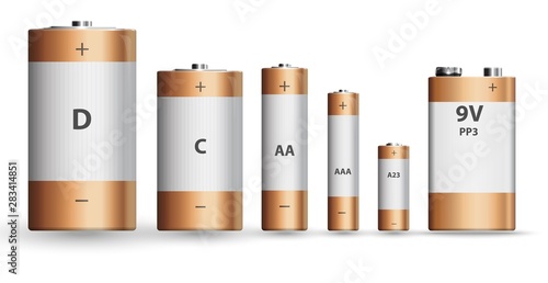 White gold and black realistic alkaline battery set, diffrent types isolated on white background. Vector illustration photo