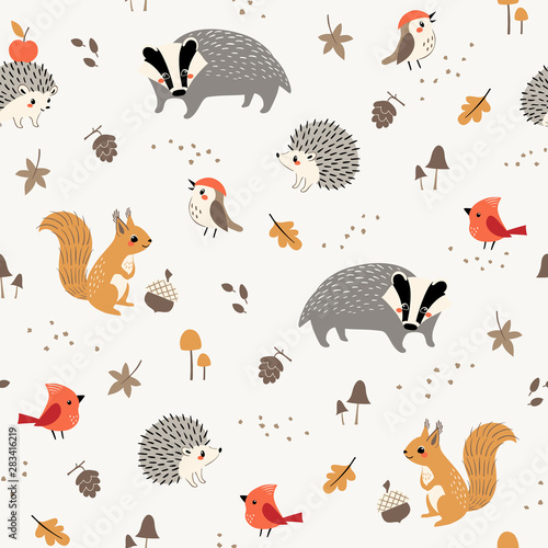 Seamless pattern of cute woodland animals and birds with autumn floral elements