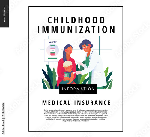 Medical insurance -childhood immunization, vaccination -modern flat vector concept digital illustration - pediatrician vaccinating a toddler sitting on his mothers knees, medical office or laboratory