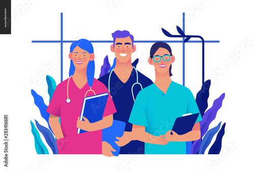 Medical insurance -internship jobs -modern flat vector concept digital illustration - young medical specialists standing together, team of interns concept, medical office or laboratory