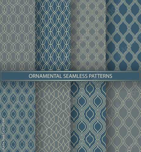 Collection of seamless Blue and gray luxury patterns with geometric waves. Endless stylish texture. Ripple monochrome background. Vector set