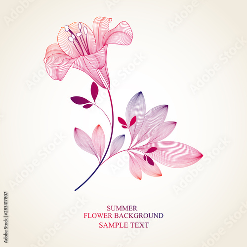 Floral wedding invitation card with lily  flowers. Gentle abstract floral background. Vector element for print, design.