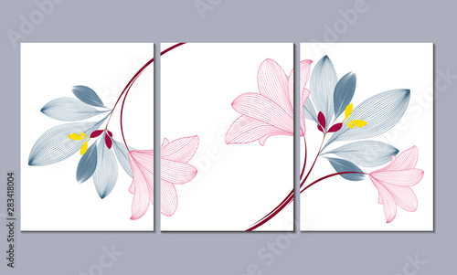 Set of 3 canvases for wall decoration in the living room, office, bedroom, kitchen, office. Home decor of the walls. Floral background with flowers of lily. Element for design. 
