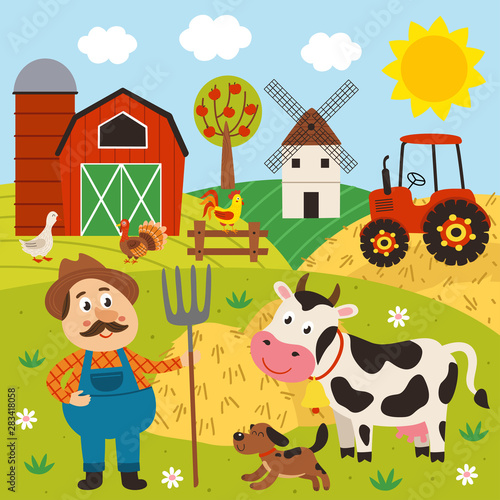 farmer in the barnyard with pets - vector illustration  eps    farmer stands in a barnyard with a cow and a dog