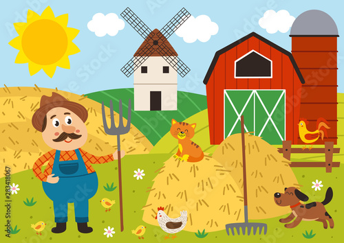 farmer stands in the barnyard with pitchfork and pets - vector illustration, eps    