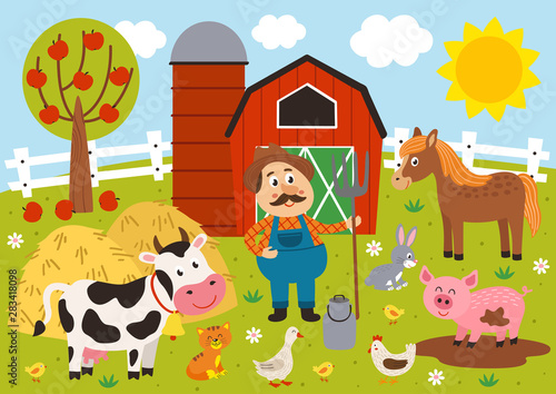 farmer and farm animals in the barnyard- vector illustration, eps    