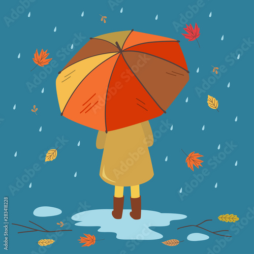 autumn card with a girl under an umbrella  - vector illustration, eps    
