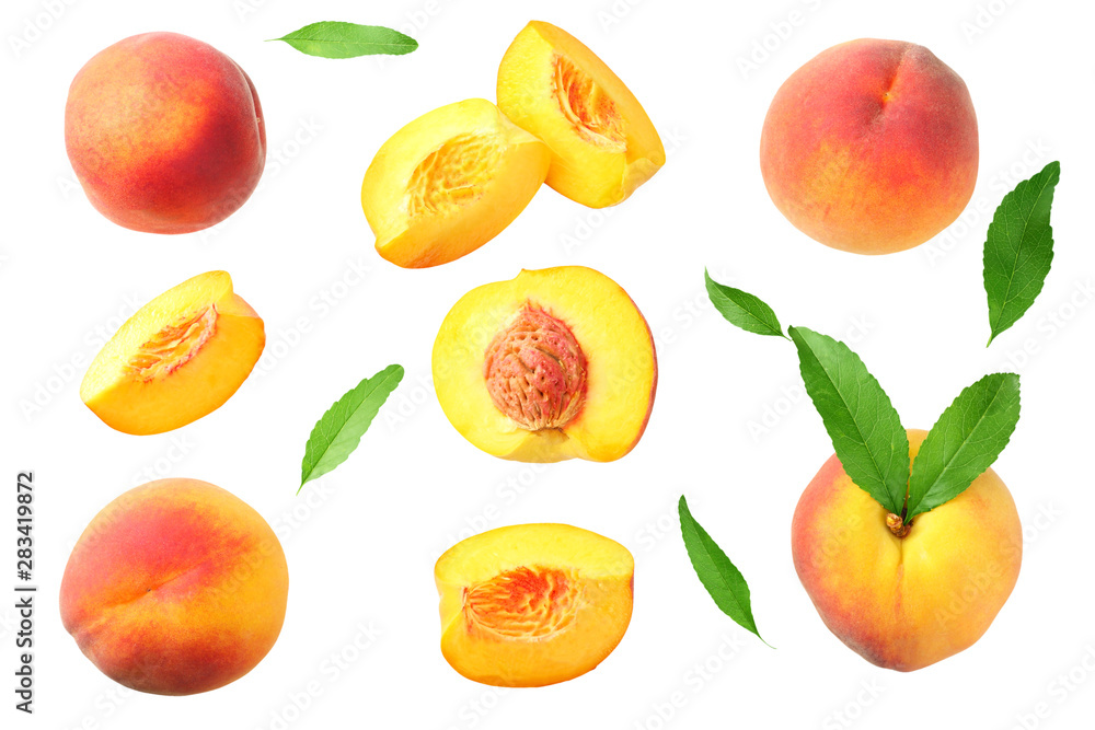 peach fruit with green leaf and slices isolated on white background. top view peach fruit with green leaf and slices isolated on white background. top view