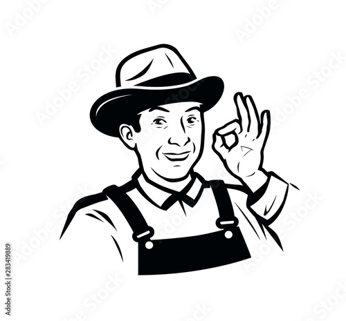 Farm, agriculture logo or label. Funny farmer vector illustration
