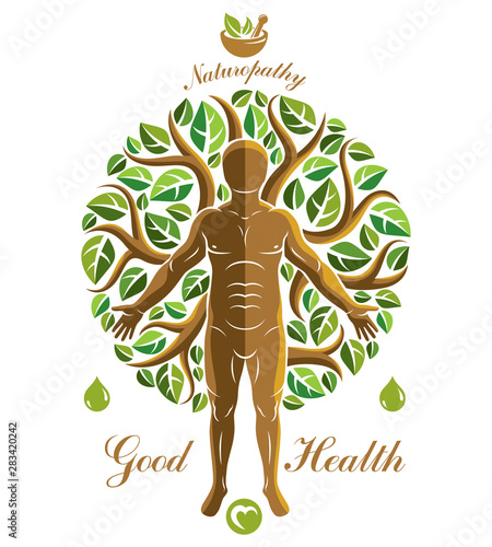 Vector graphic illustration of strong male composed with green tree leaves and mortar and pestle. Raw food diet concept, no gm theme.