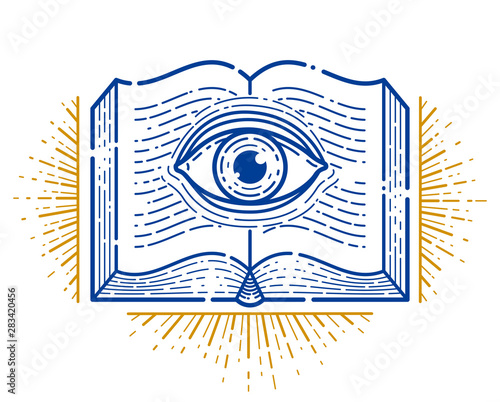 Secret knowledge vintage open book with all seeing eye in text lines, open your mind, insight and enlightenment, education and science or alchemy, vector logo or emblem design element.