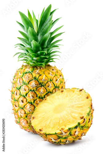 Pineapple half and whole pineapple on white background. Pineapple isolate. Full depth of field.