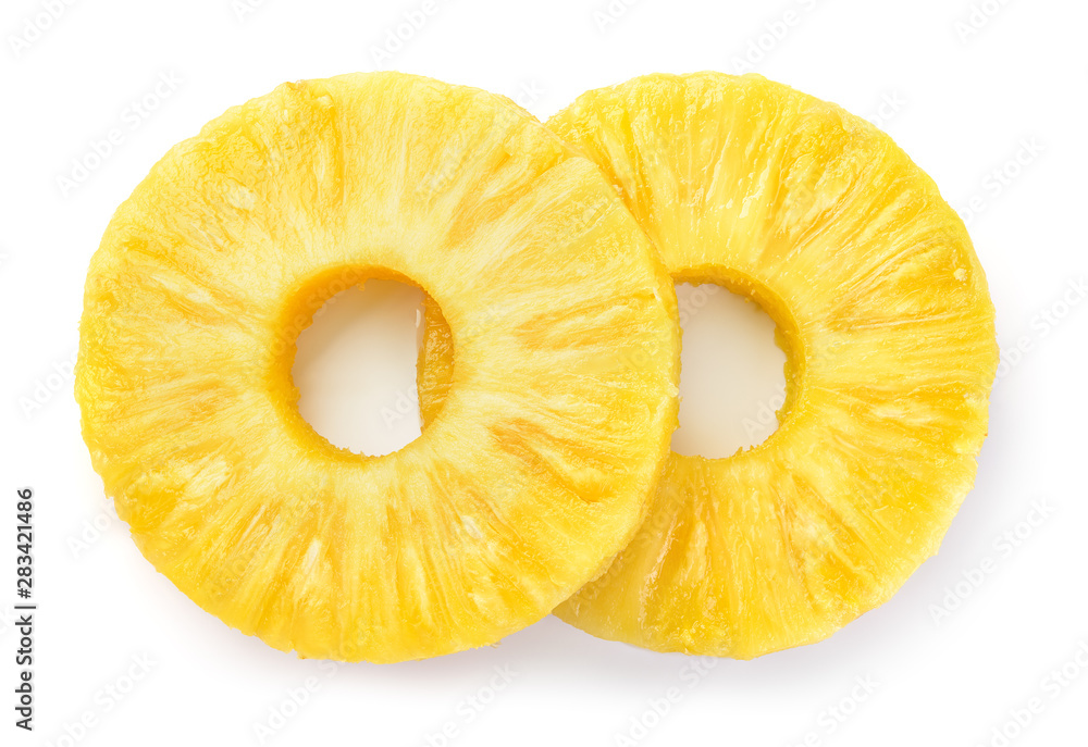 Pineapple rings. Canned pineapple slices. Flat design. Top view. Pineapple isolated on white. Pineapple rings. Canned pineapple slices. Flat design. Top view. Pineapple isolated on white.