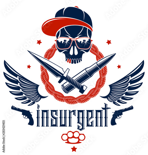 Anarchy and Chaos aggressive emblem or logo with wicked skull, weapons and different design elements , vector vintage scull tattoo, rebel gangster criminal and revolutionary.