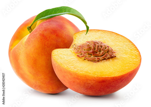 Peach isolated. Peach with slice on white background. Full depth of field.