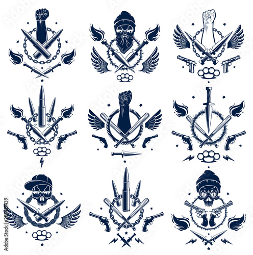 Revolution and Riot aggressive emblem or logo with strong clenched fist, aggressive skull, bullets and guns, weapons and different design elements , vector tattoo, rebel and revolutionary.