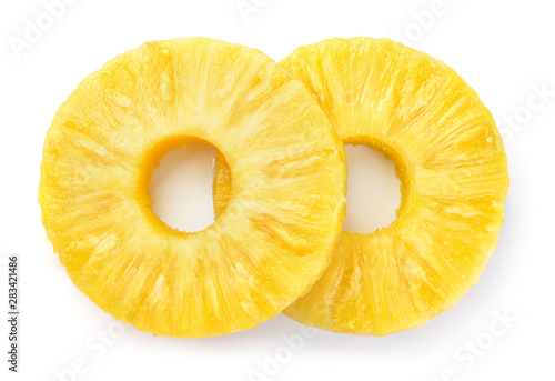 Pineapple rings. Canned pineapple slices. Flat design. Top view. Pineapple isolated on white.
