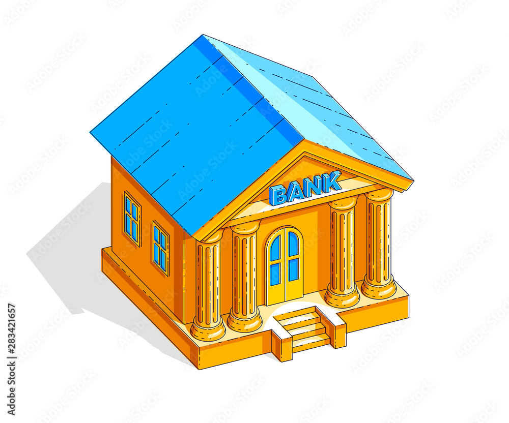 Bank building retro vintage architecture cartoon isolated over white  background. Vector 3d isometric business and finance illustration, thin  line design. Stock Vector | Adobe Stock