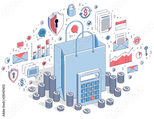 Big Sale concept, Retail, Sellout, Shopping Bag with cash money stacks isolated on white background. Vector 3d isometric business illustration with icons, stats charts and design elements.