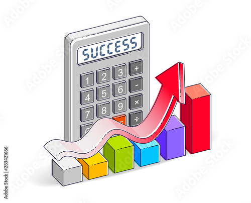 Business success and earnings concept, calculator and growth chart with arrow isolated on white background. Vector 3d isometric business and finance illustration.