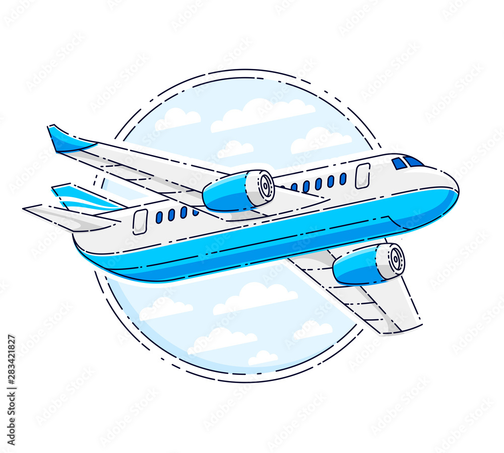 Airlines air travel emblem or illustration with plane airliner and round shape. Beautiful thin line vector isolated over white background. Airlines air travel emblem or illustration with plane airliner and round shape. Beautiful thin line vector isolated over white background.