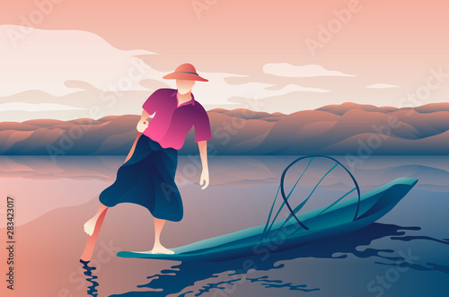 asian fisherman illustration