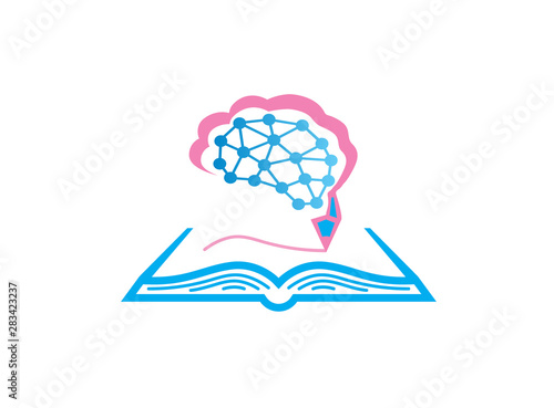 Book and brain with pen write logo design illustration on white background