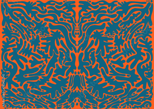 Psychedelic trippy colorful fractal, aquamarine color ornament, on orange background. Decorative fentesy pattern. Vector shamanic illustration.