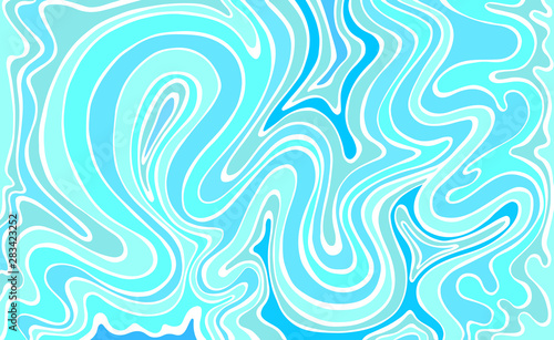 Colorful fantasy pattern with colorful wavy line, blue shades, white outline. Decorative surreal waves background. Vector hand drawn psychedelic abstract texture.