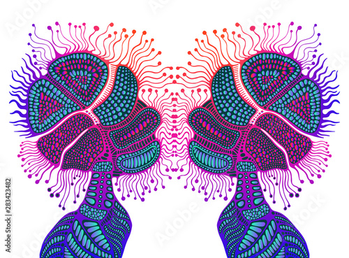 Fantastic psychedelic abstract shamanic ornament, gradient neon color, isolated white background. Fantasy bohemian element. Vector illustration. Surreal doodle pattern.
