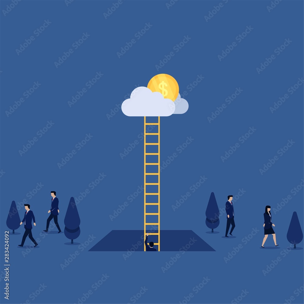 Businessman climb up ladder to cloud when others go away metaphor of way of success. Businessman climb up ladder to cloud when others go away metaphor of way of success.