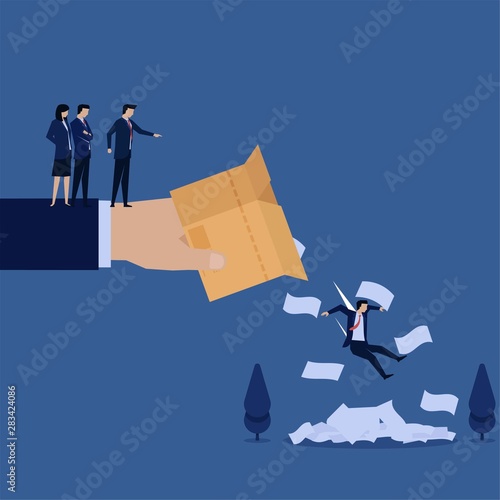 Business hand throw away employee and papers from box metaphor of fired.