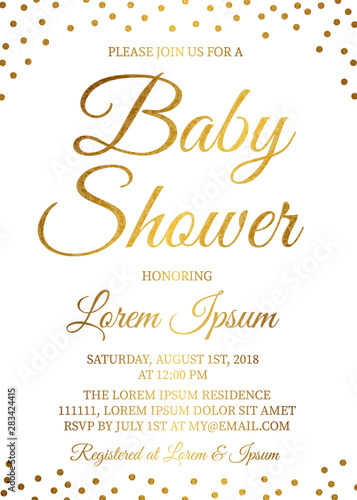 Gold confetti baby shower invitation card. Golden glittering polka dots invite for the parents to-be party. Vector illustration. Easy to edit template for your designs.