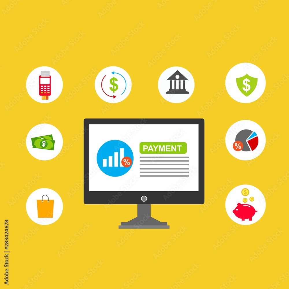 Flat design vector illustration icons of e-commerce symbols, internet shopping elements and objects in retro stylish color. Isolated on colored background