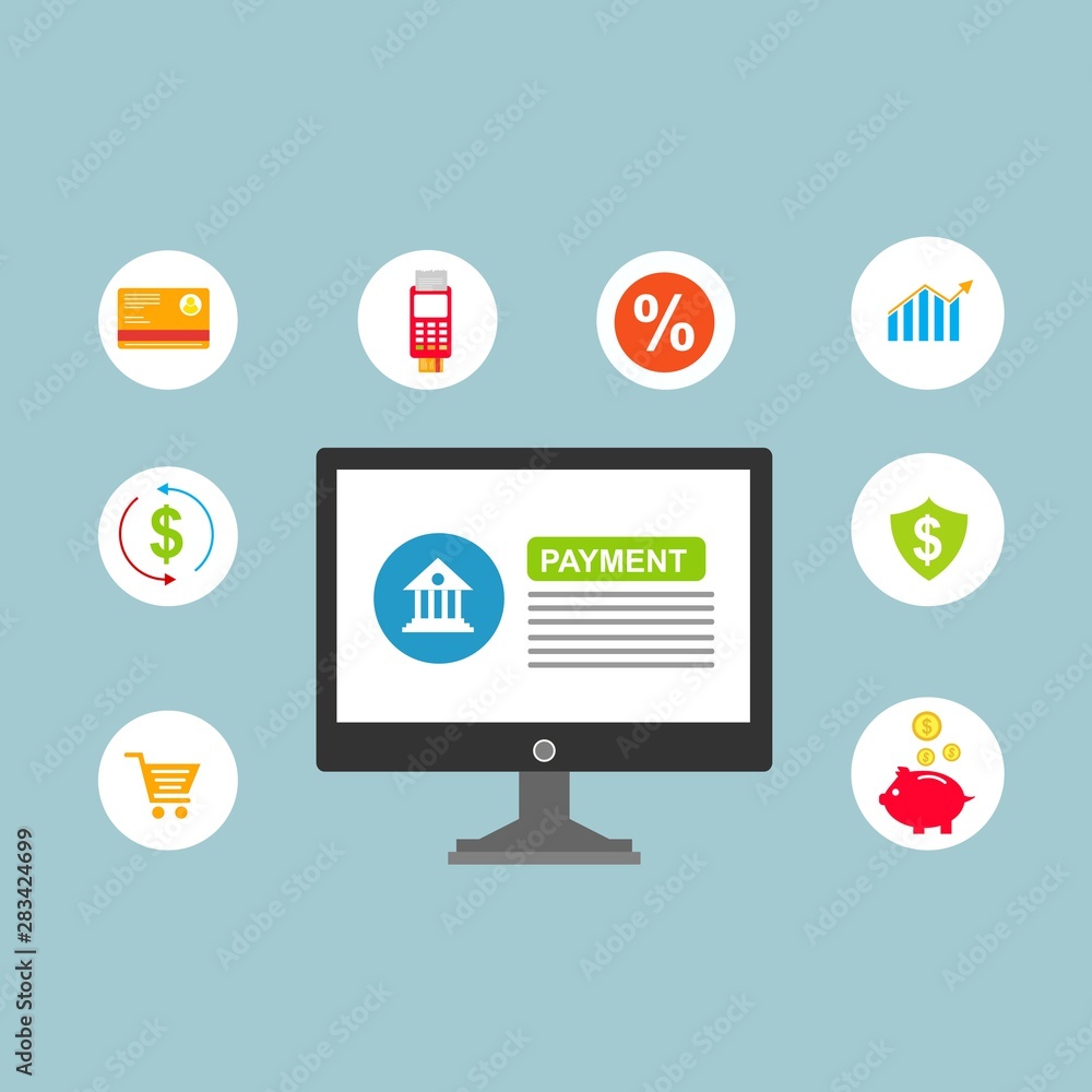 Flat design vector illustration icons of e-commerce symbols, internet shopping elements and objects in retro stylish color. Isolated on colored background Flat design vector illustration icons of e-commerce symbols, internet shopping elements and objects in retro stylish color. Isolated on colored background