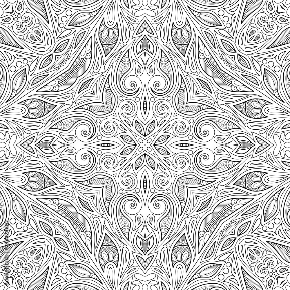 Monochrome Seamless Pattern with Floral Ethnic Motifs Monochrome Seamless Pattern with Floral Ethnic Motifs