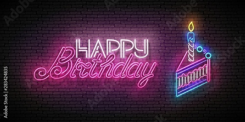 Glow Greeting Card with Piece of Cake, Candle and Happy Birthday Inscription
