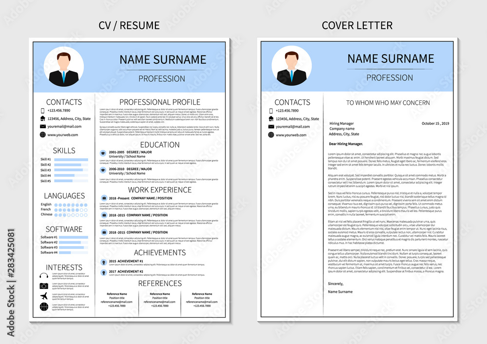 Resume template for men. Modern CV and cover letter layout with  infographic. Minimalistic curriculum vitae design. Employment vector  illustration. Stock Vector | Adobe Stock