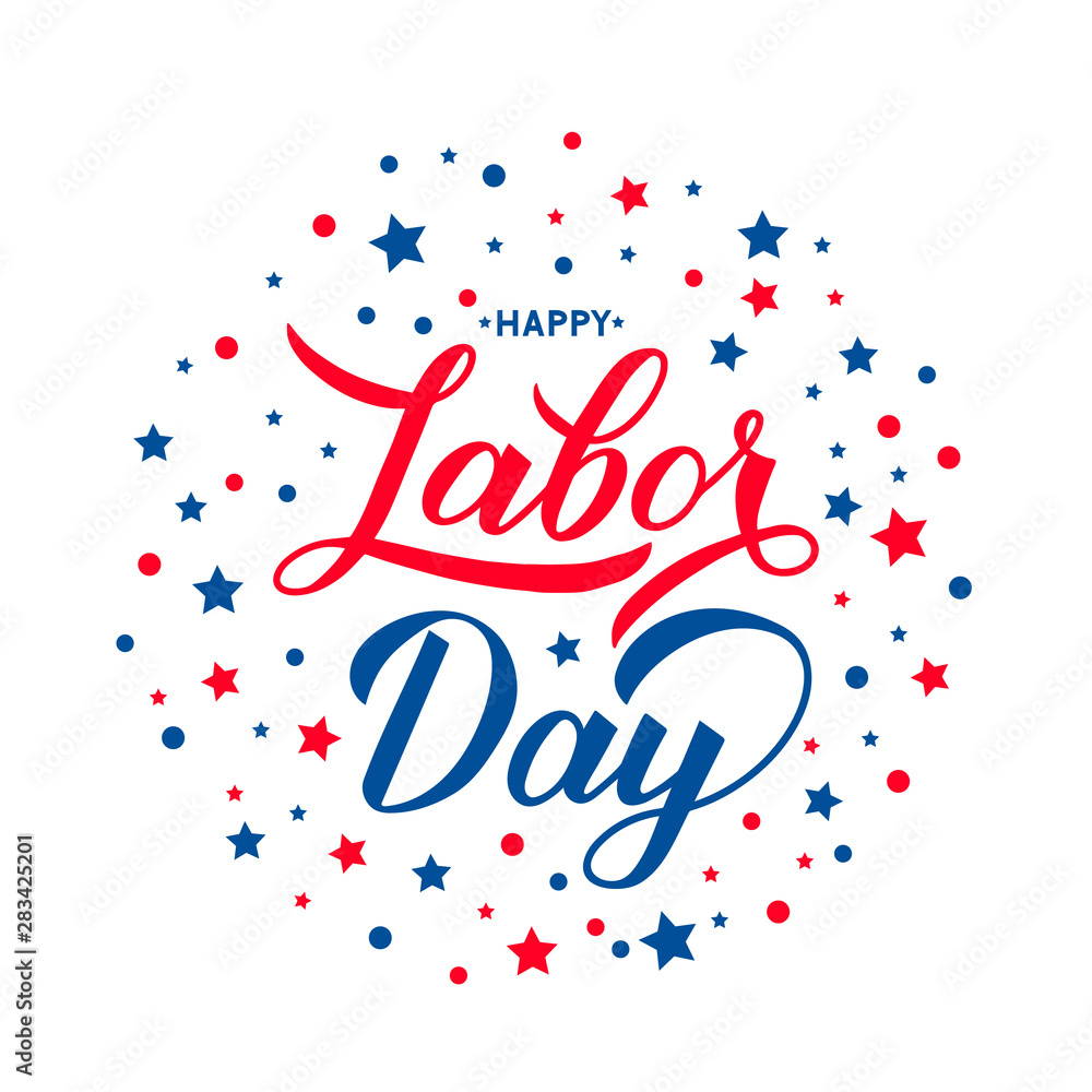 Happy Labor Day lettering with blue and red stars isolated on white. Vector template for typography poster, logo design, banner, flyer, greeting card, postcard, party invitation, tee-shirt, etc.