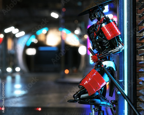 Samurai futuristic android cyber warrior posing with urban sci fi background. 3d rendering photo