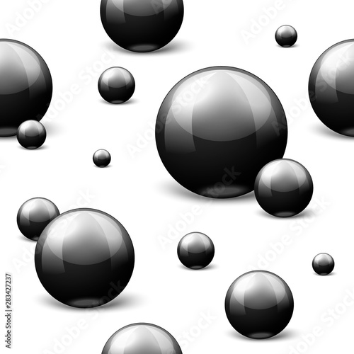 Fototapeta Naklejka Na Ścianę i Meble -  Vector 3D realistic seamless pattern with black marble balls, isolated on white background.