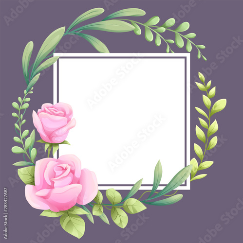 Fototapeta Naklejka Na Ścianę i Meble -  Rose and leaves circle garland, Flora design card, Greeting card with white square area  on purple background - vector illustration