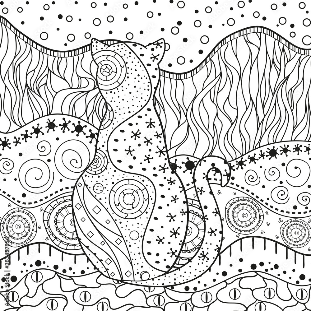 Fototapeta premium Abstract cat. Hand drawn patterns on isolation background. Design for spiritual relaxation for adults. Black and white illustration for anti stress colouring page