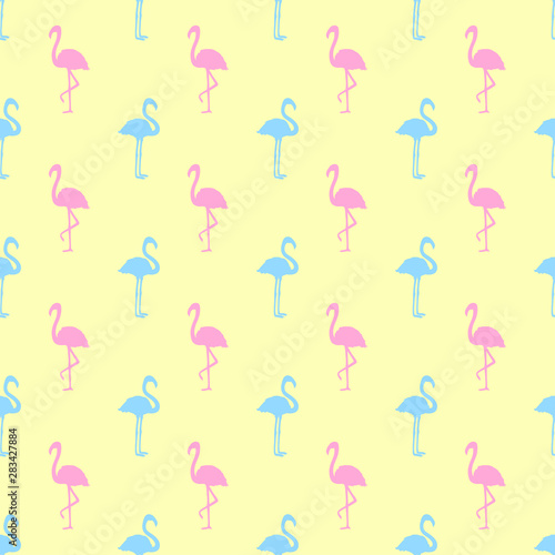 Seamless abstract wallpaper with flamingos. Hand drawn cartoon birds. Colored texture. Pattern for your design