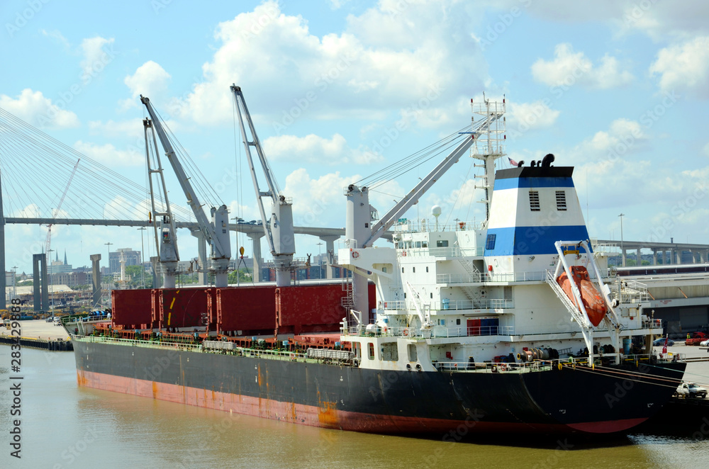 Cargo ship in the port of Savannah, Georgia.